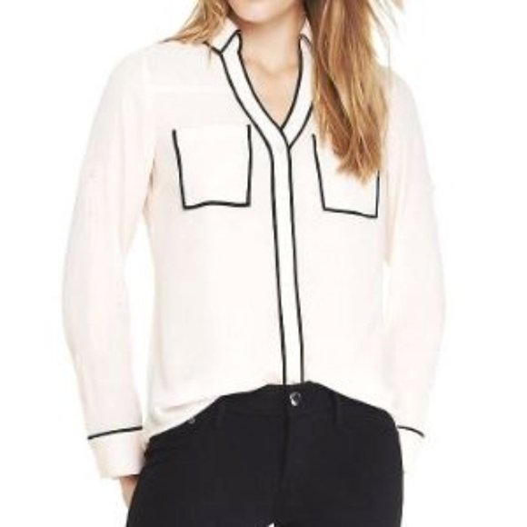 Express Original Fit Ivory Contrast Piping Portofino Blouse Roll Tab Sleeves Med - Picture 3 of 9